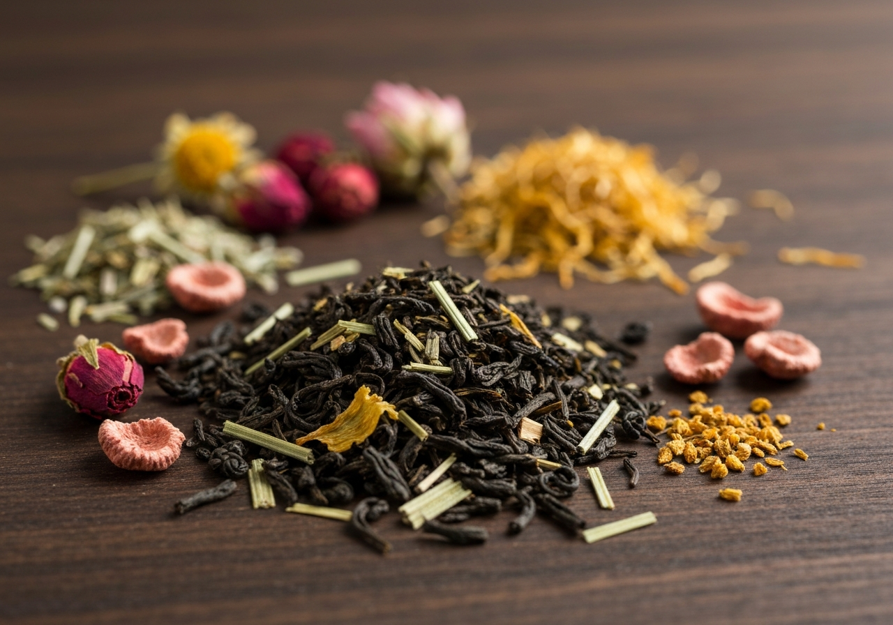 Čaj na imunitu: Který skutečně funguje? (Odborný test) 2 Macro shot of loose leaf herbal tea leaves and dried botanical pieces on a dark wooden surface, aesthetic wellness photography, soft natural light, 85mm lens, highly detailed, professional, no text, no words, no letters