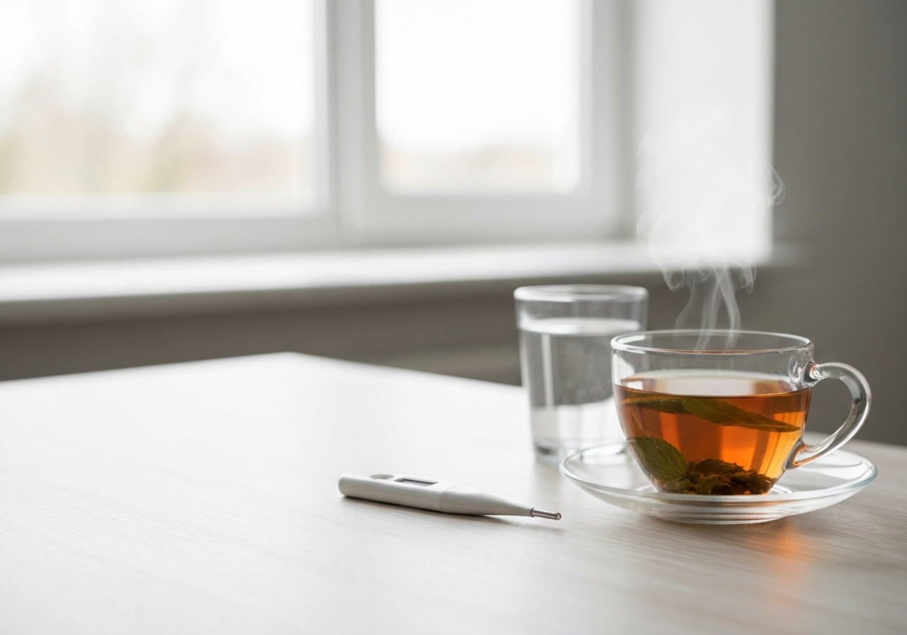 A professional medical kit on a wooden table with a thermometer, a glass of water, and natural herbal tea, clean minimalist aesthetic, soft natural daylight, shallow depth of field, 85mm lens, no text, no words, no letters