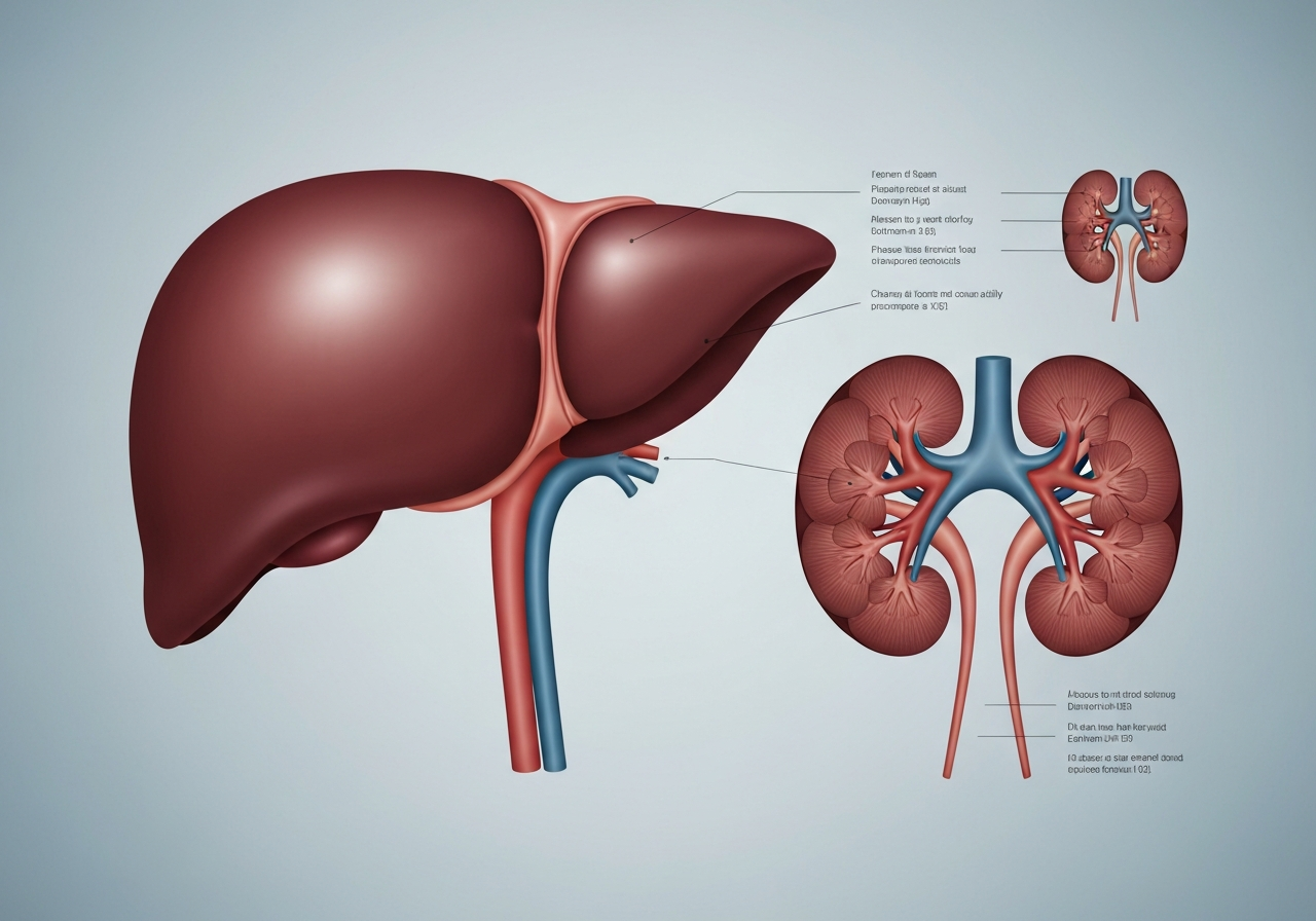 A professional medical infographic layout showing the human liver and kidneys in a stylized, clean, clinical setting, soft natural light, editorial photography, 85mm lens, high resolution, no text, no words, no letters