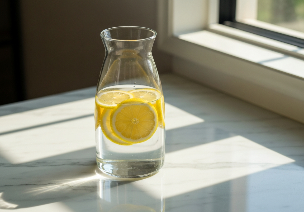 A high-end glass carafe with crystal clear water and fresh lemon slices on a marble countertop, sunlight streaming through, editorial lifestyle photography, minimalist and clean, 85mm lens, depth of field, no text, no letters