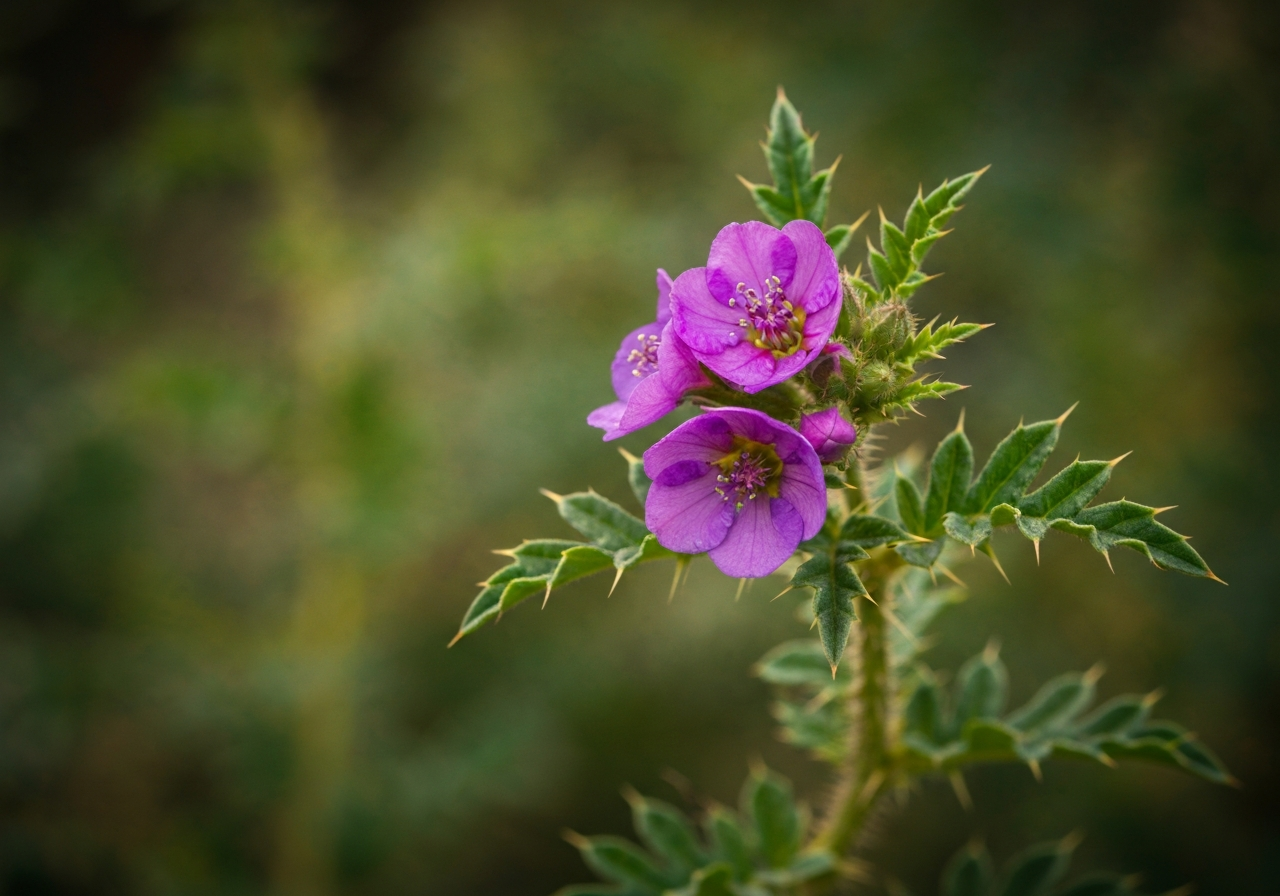Ostropestřec: Opravdu snižuje cholesterol? (Pravda) 2 A macro shot of the Silybum marianum plant showing its distinct purple flower and green thorny leaves, botanical garden setting, soft natural morning light, depth of field, premium editorial style, no text, no words, no letters.