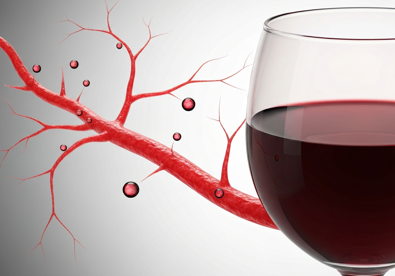 A professional medical illustration of human blood vessels with lipid droplets and a glass of red wine in the background, clean clinical aesthetic, soft natural lighting, macro photography, 85mm lens, highly detailed, no text, no letters