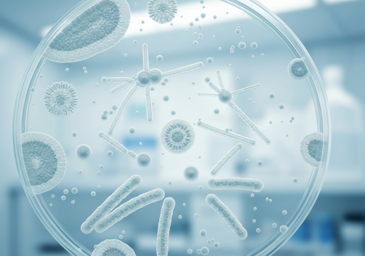 A microscopic view of bacterial colonies on a petri dish with a gentle, soft-focus laboratory background, symbolizing biological balance, clinical aesthetic, premium clean style, soft cool-toned lighting, 85mm lens, highly detailed, no text, no words, no letters.