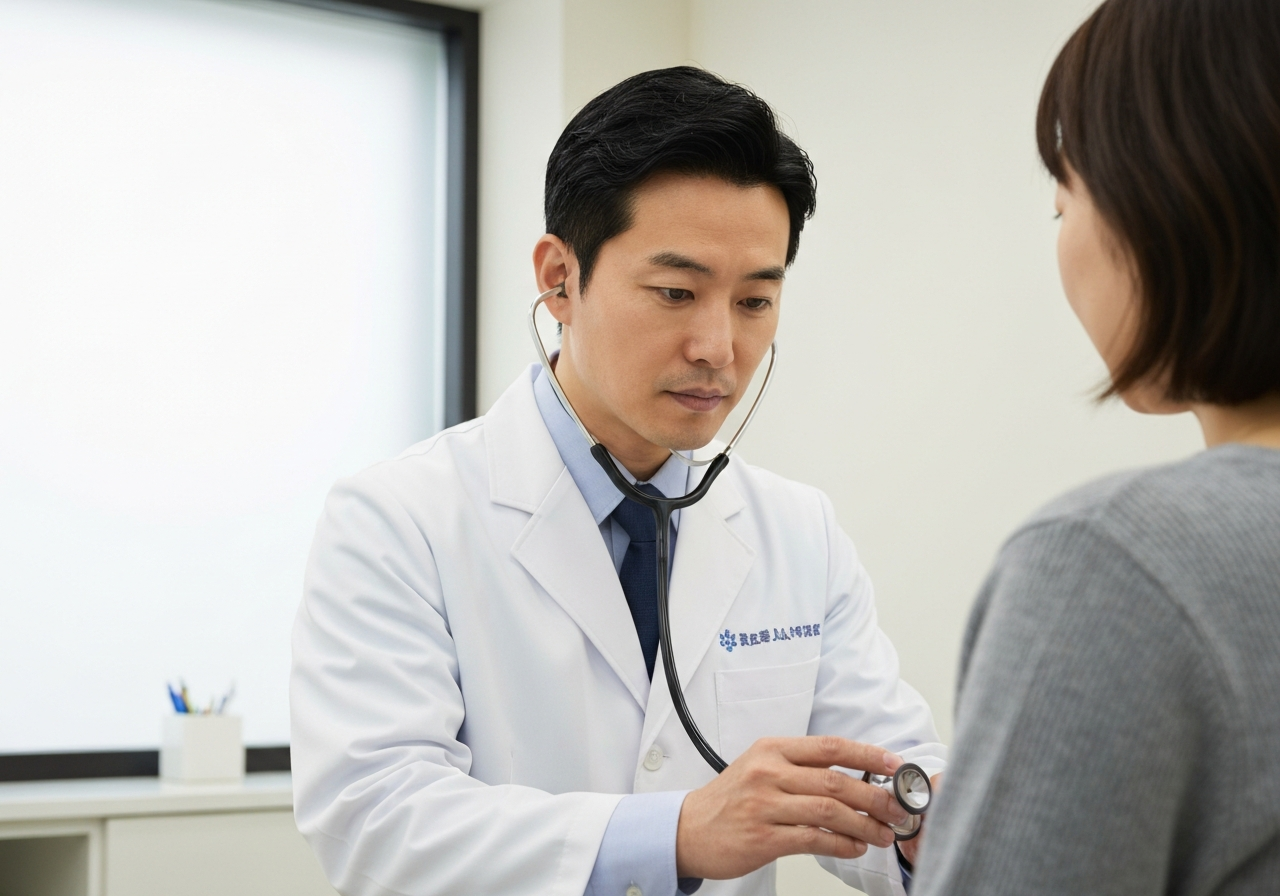 A professional clinical setting showing a doctor using a stethoscope, modern clean medical office environment, editorial photography, soft natural light, 85mm lens, shallow depth of field, no text, no words, no letters