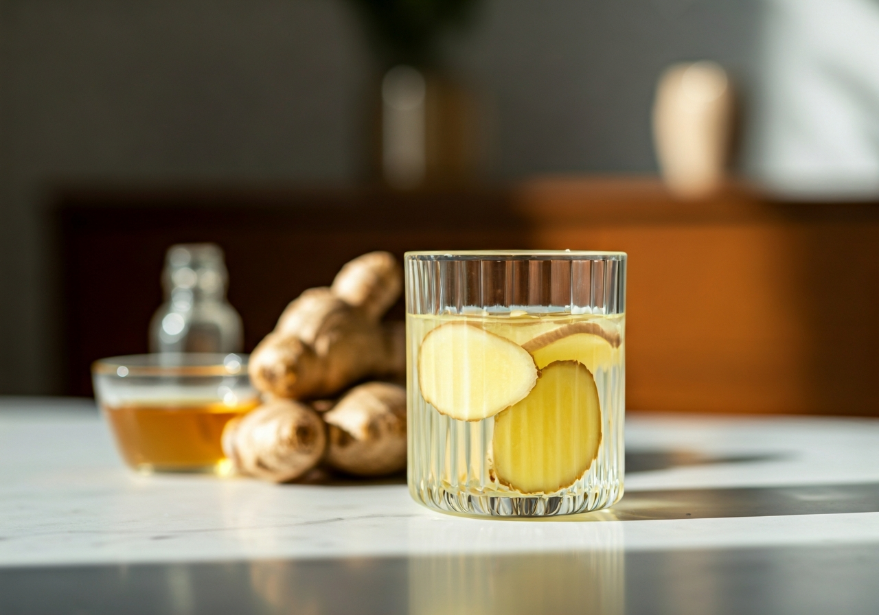 A minimalist, high-end editorial shot of a glass of warm water with sliced organic ginger and a touch of honey on a clean white marble surface, blurred background showing a modern wellness interior, soft morning light, 85mm lens, professional food photography, no text, no words, no letters.