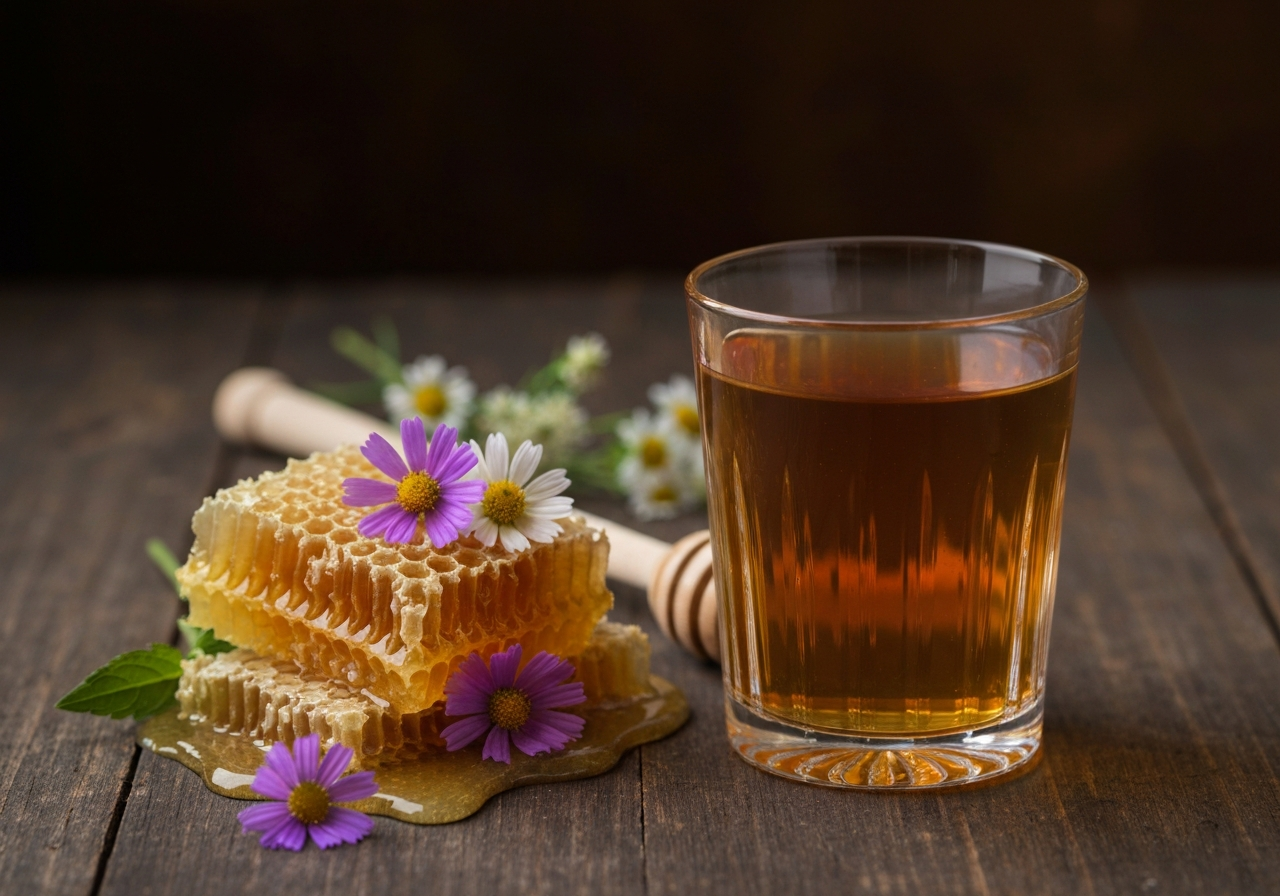 Medovina: Je opravdu elixírem zdraví? (Fakta) 2 A crystal glass filled with golden amber mead, artisanal honeycomb and wildflowers on a dark rustic wooden table, soft natural warm lighting, editorial photography, 85mm lens, depth of field, no text, no letters
