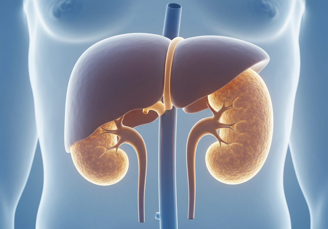 A stylized, clean 3D medical visualization of human liver and kidneys, glowing soft biological textures, clinical clean background, editorial medical photography, soft blue and warm gold lighting, 85mm lens, high detail, no text, no letters