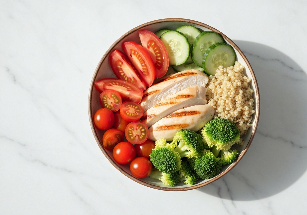 Hubnutí: Kompletní návod krok za krokem (za 10 minut) 3 A flat lay of balanced Mediterranean-style lunch bowl with vibrant vegetables, whole grains, and lean proteins on a clean marble surface, soft natural light, premium editorial food photography, 85mm lens, no text, no letters