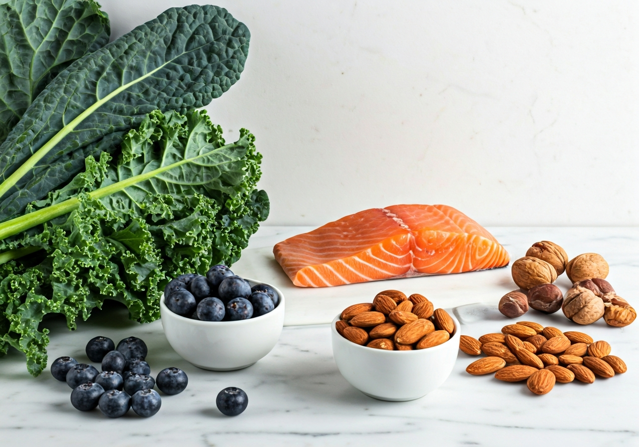 Detoxikace: Kdy začít? (Průvodce krok za krokem) 3 A professional nutritionist's workspace featuring a variety of colorful whole foods like kale, blueberries, nuts, and salmon on a clean marble surface, soft natural light, editorial photography style, 85mm lens, high resolution, no text, no letters