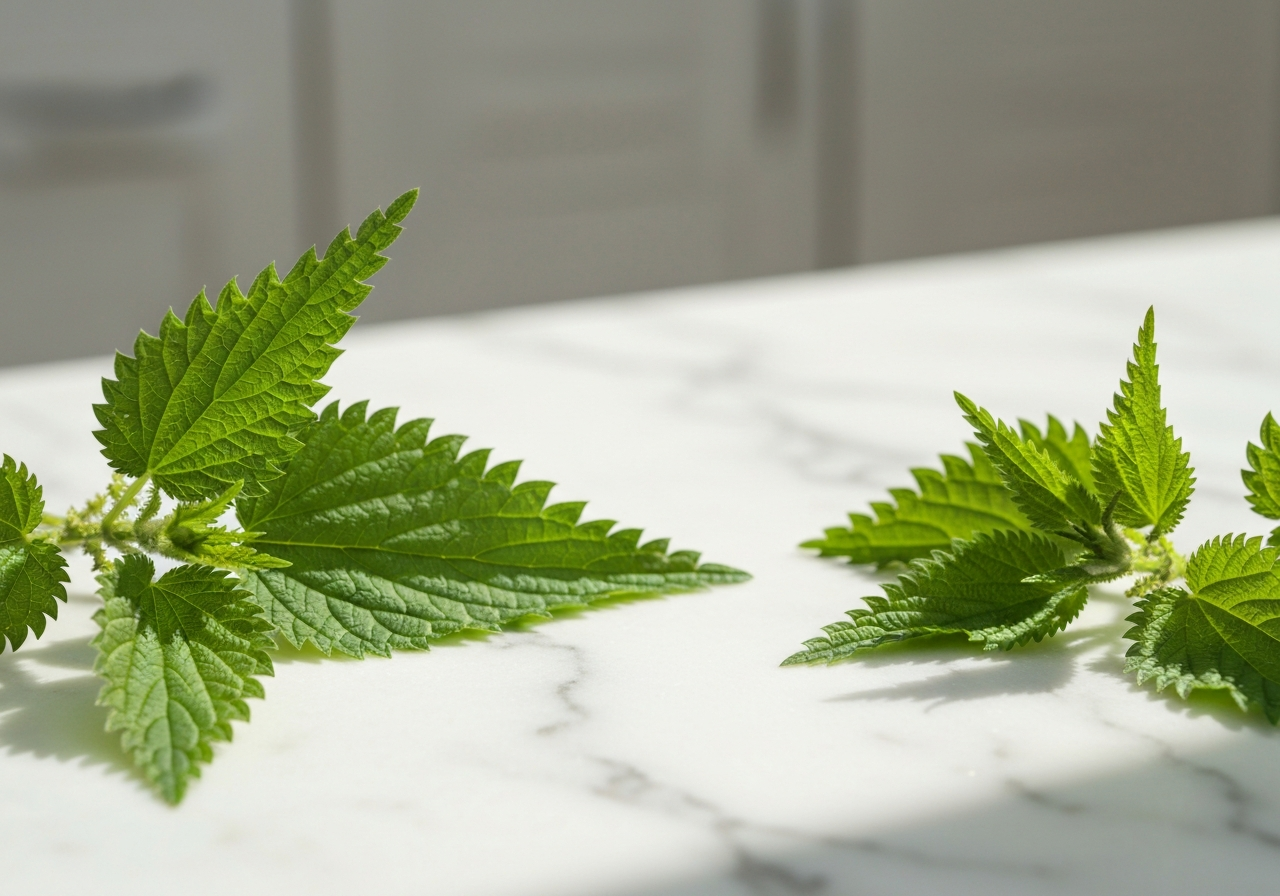 Extrakt z kopřivy: 7 vědecky podložených přínosů (2026) 3 A macro shot of vibrant green stinging nettle leaves being prepared for herbal tea on a minimalist white marble kitchen counter, soft natural light, 85mm lens, professional editorial aesthetic, no text, no words, no letters.