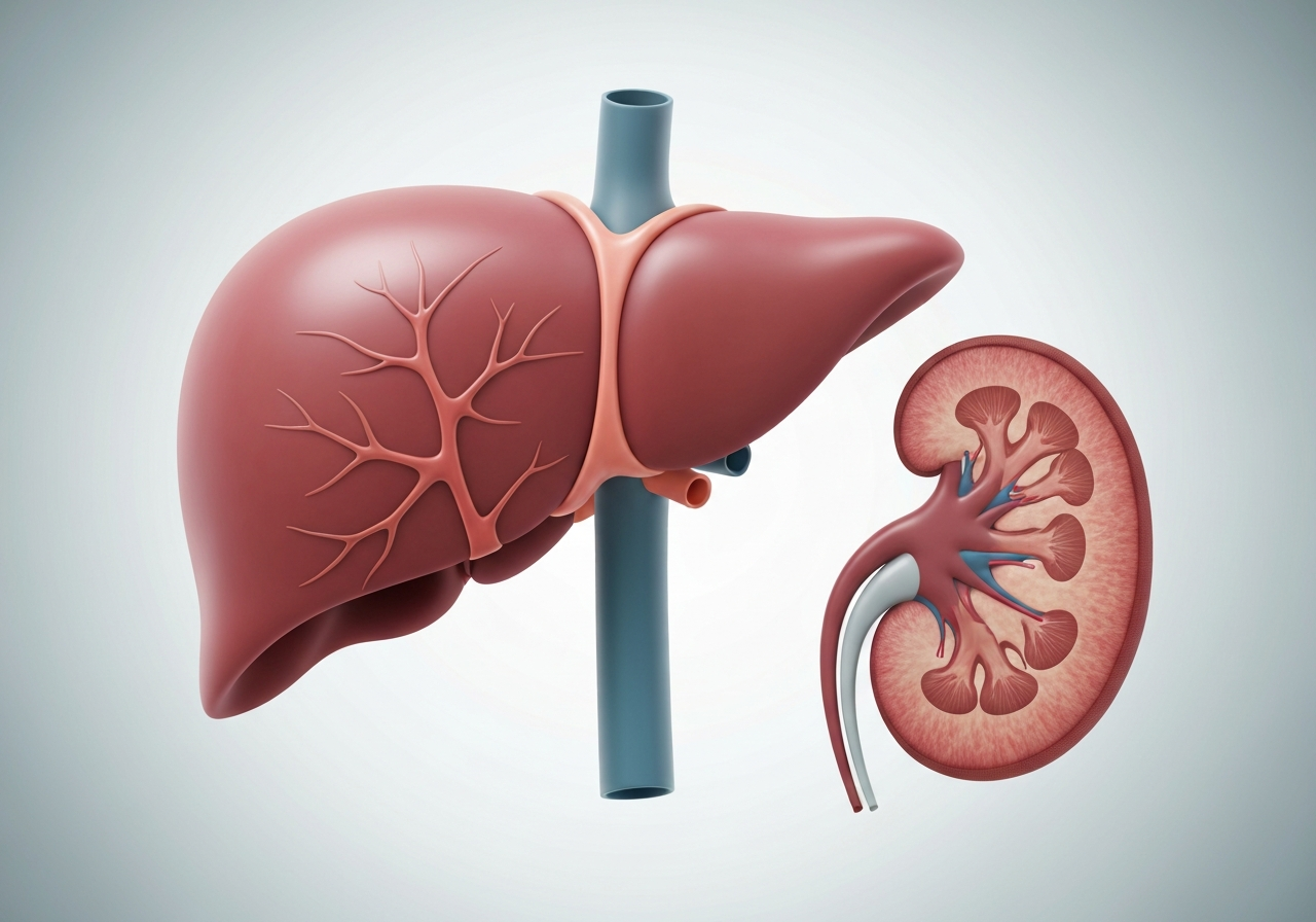 Detailed anatomical illustration of human liver and kidneys, scientific medical visualization, clean clinical background, high-end editorial style, soft diffused lighting, 85mm macro lens, neutral color palette, premium quality, no text, no words, no letters.