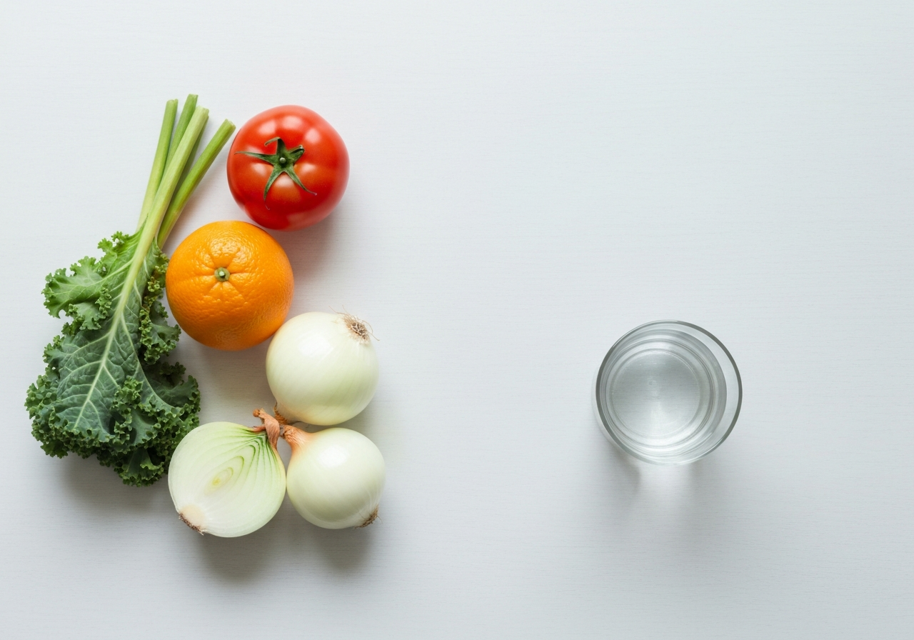A flat lay of various raw fruits and vegetables arranged on a clean wooden table next to a glass of water, minimalist clinical wellness aesthetic, bright and airy professional studio lighting, 85mm lens, high resolution, no text, no letters