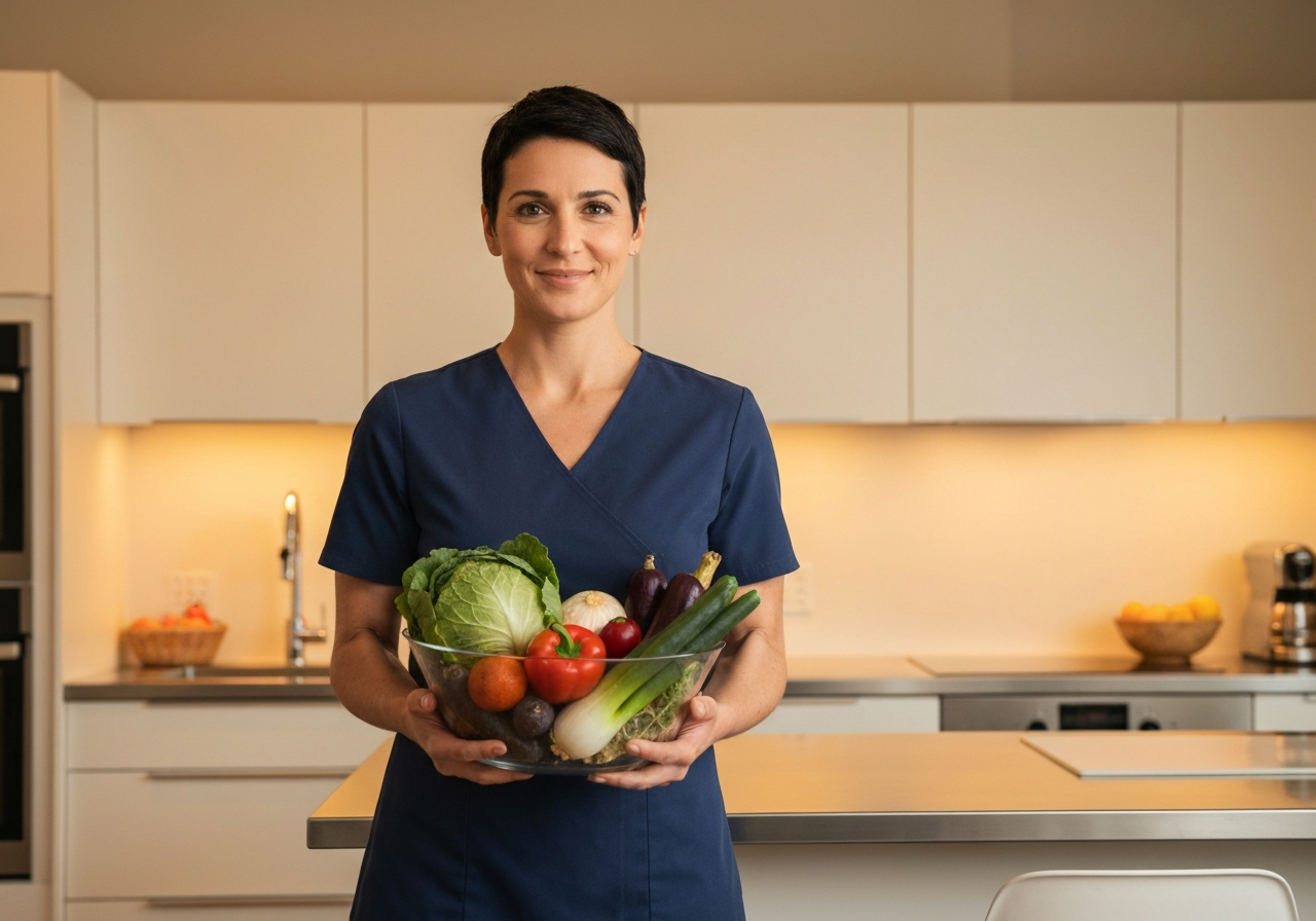 A professional nutritionist holding a bowl of fresh organic vegetables in a bright, modern, minimalist kitchen, soft natural light, editorial photography style, 85mm lens, high detail, no text, no letters