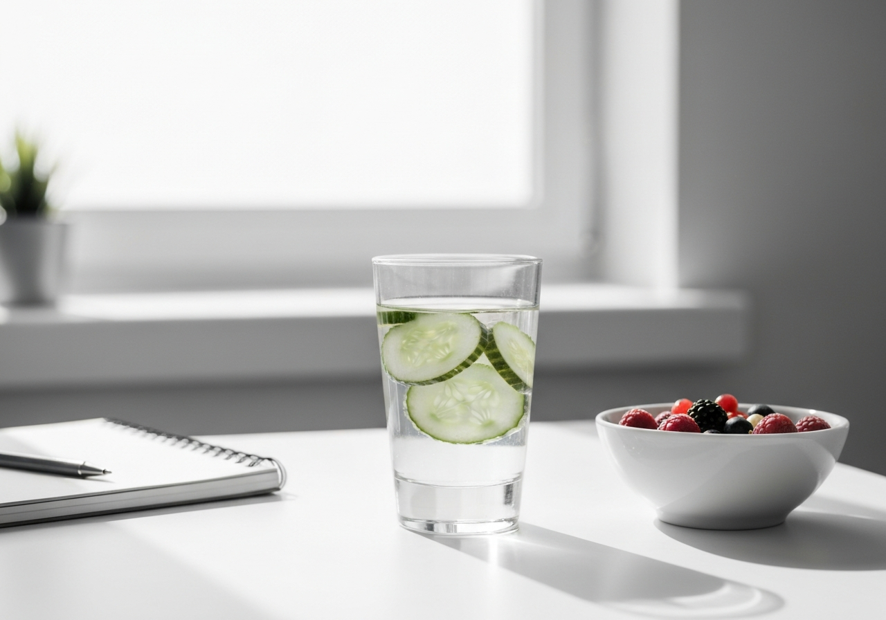 A professional nutritionist's workspace featuring a glass of water with cucumber slices, a bowl of chia seeds and colorful berries, a notebook, and soft morning sunlight streaming through a window, editorial photography, clean aesthetic, 85mm lens, high quality, no text, no words, no letters.