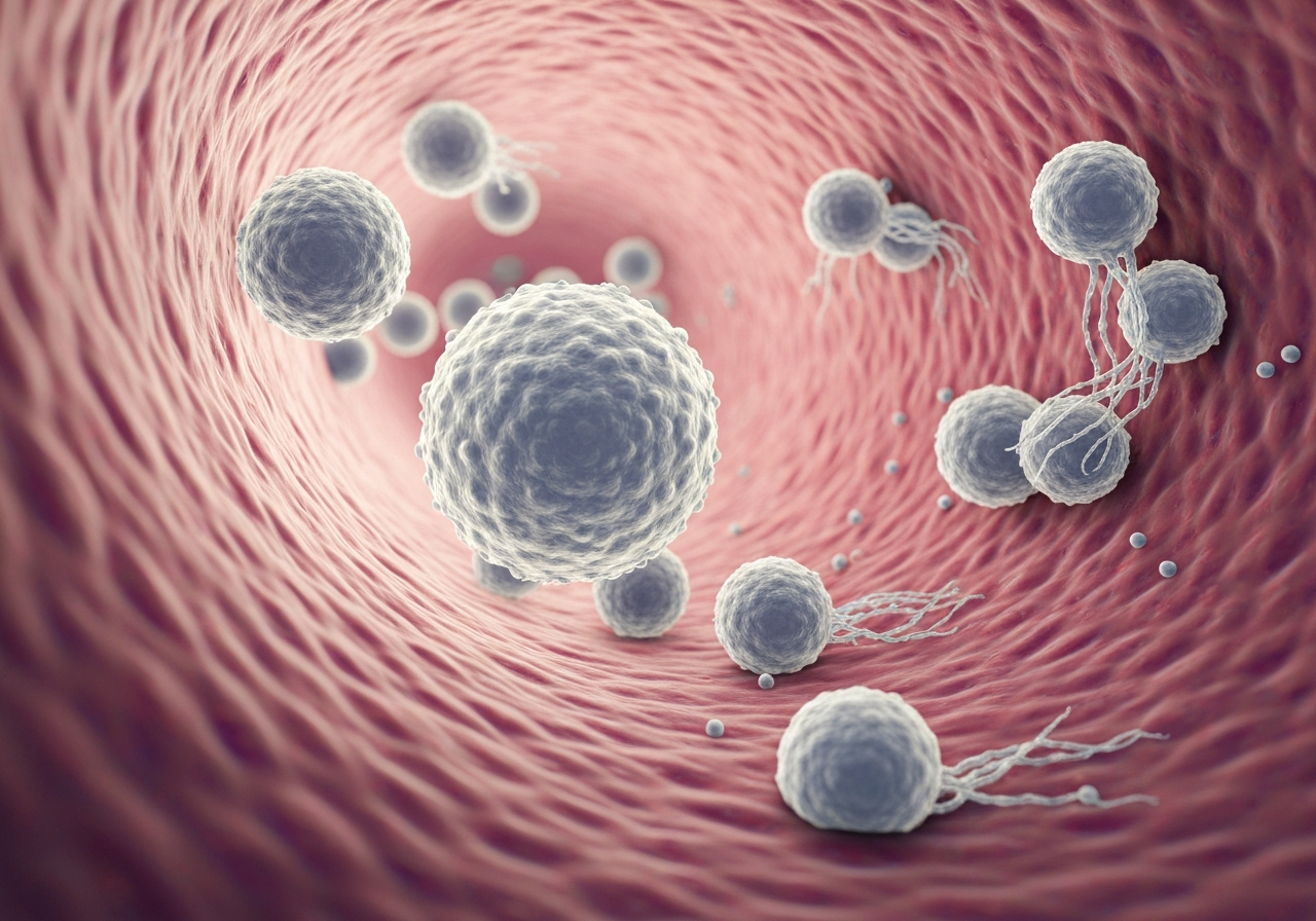A microscopic view of complex white blood cells navigating through a human biological environment, clean medical scientific aesthetic, soft natural light, depth of field, 85mm lens, highly detailed, no text, no letters