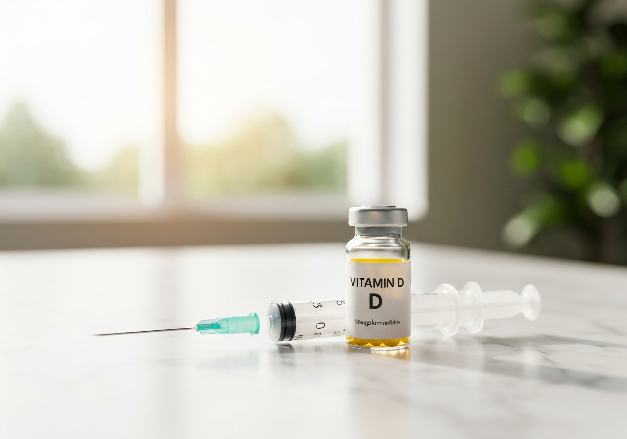 A professional medical setting showing a glass vial of Vitamin D supplement and a sterile vaccination syringe on a clean, white marble surface, editorial photography, soft natural light, 85mm lens, highly detailed, professional health magazine aesthetic, no text, no words, no letters