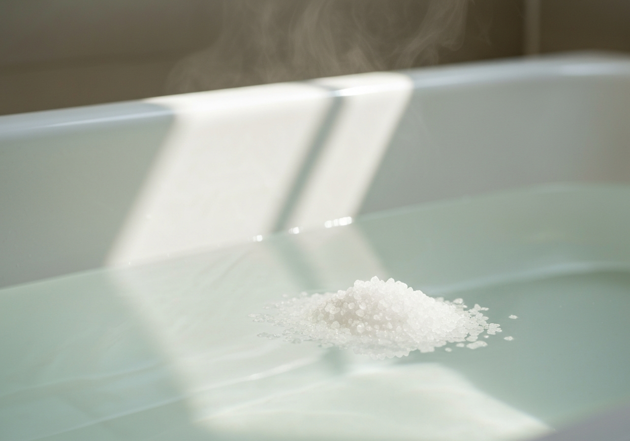 Close-up professional photography of Epsom salt crystals dissolving in a warm, steaming bathwater, clean ceramic tub background, soft natural light, depth of field, 85mm lens, premium wellness aesthetic, no text, no words, no letters