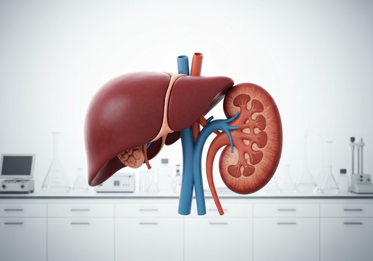 Detox Slim: Funguje to? (Pravda o dietě) 2 A stylized, high-quality medical illustration of human liver and kidneys in a clean, clinical laboratory setting, soft natural light, premium aesthetic, 85mm lens, highly detailed, no text, no words, no letters