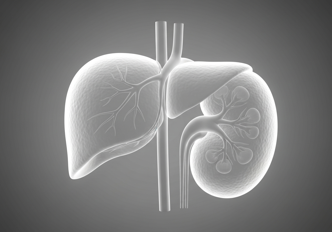 A stylized, clean 3D illustration of human liver and kidney anatomy, glowing with subtle, calming light, modern medical editorial style, high contrast, soft studio lighting, 85mm lens, no text, no words, no letters.