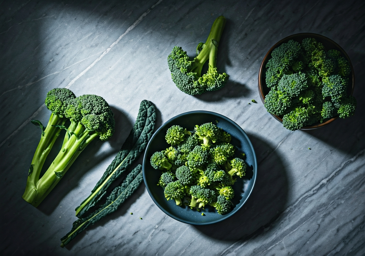 A flat lay of fresh cruciferous vegetables like broccoli sprouts and kale on a minimalist marble kitchen surface, soft natural morning light, editorial food photography style, 85mm lens, high resolution, no text, no words, no letters.