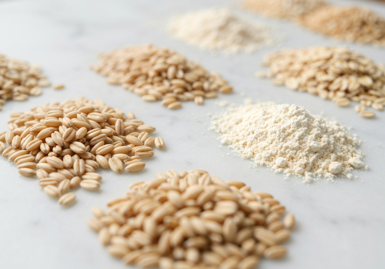 Oves: Kompletní průvodce očistou těla (Test 2026) 2 Macro close-up of organic oat grains and fine oat powder on a clean white marble surface, aesthetic, editorial photography, soft natural light, 85mm lens, minimalist and premium style, no text, no words, no letters