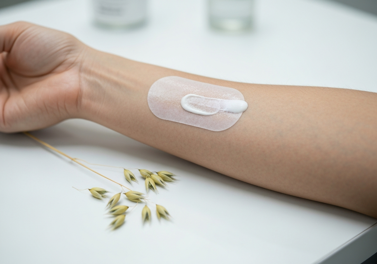Oves: Kompletní průvodce očistou těla (Test 2026) 3 A close-up of a professional skincare patch test on a human forearm, clean laboratory setting with natural oat extracts nearby, editorial photography, soft natural light, 85mm lens, high focus, no text, no words, no letters.