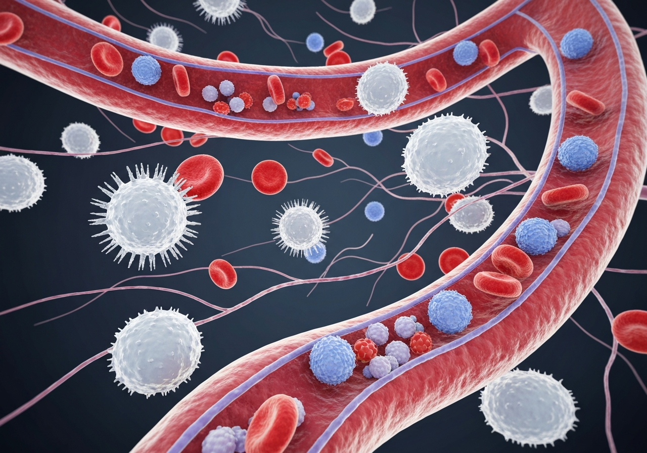 Vitamíny pro imunitu: Kompletní přehled (za 5 minut) 2 A conceptual 3D visualization of human immune cells, white blood cells circulating through blood vessels, scientific illustration, clean background, premium editorial aesthetic, soft clinical lighting, macro photography, no text, no letters