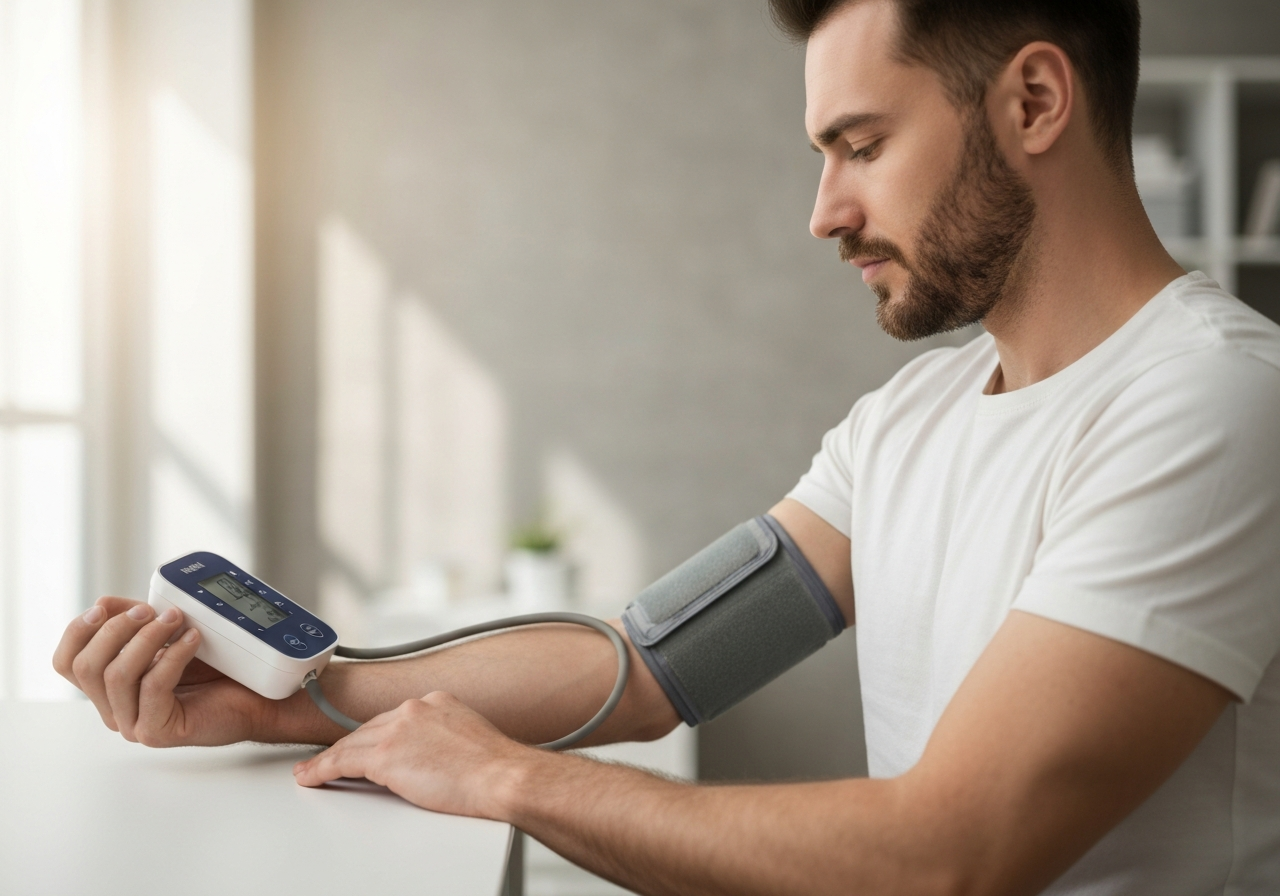 A clinical, clean close-up of a person properly using an upper-arm digital blood pressure monitor, modern home environment with soft morning light, 85mm lens, high resolution, shallow depth of field, no text, no words, no letters.