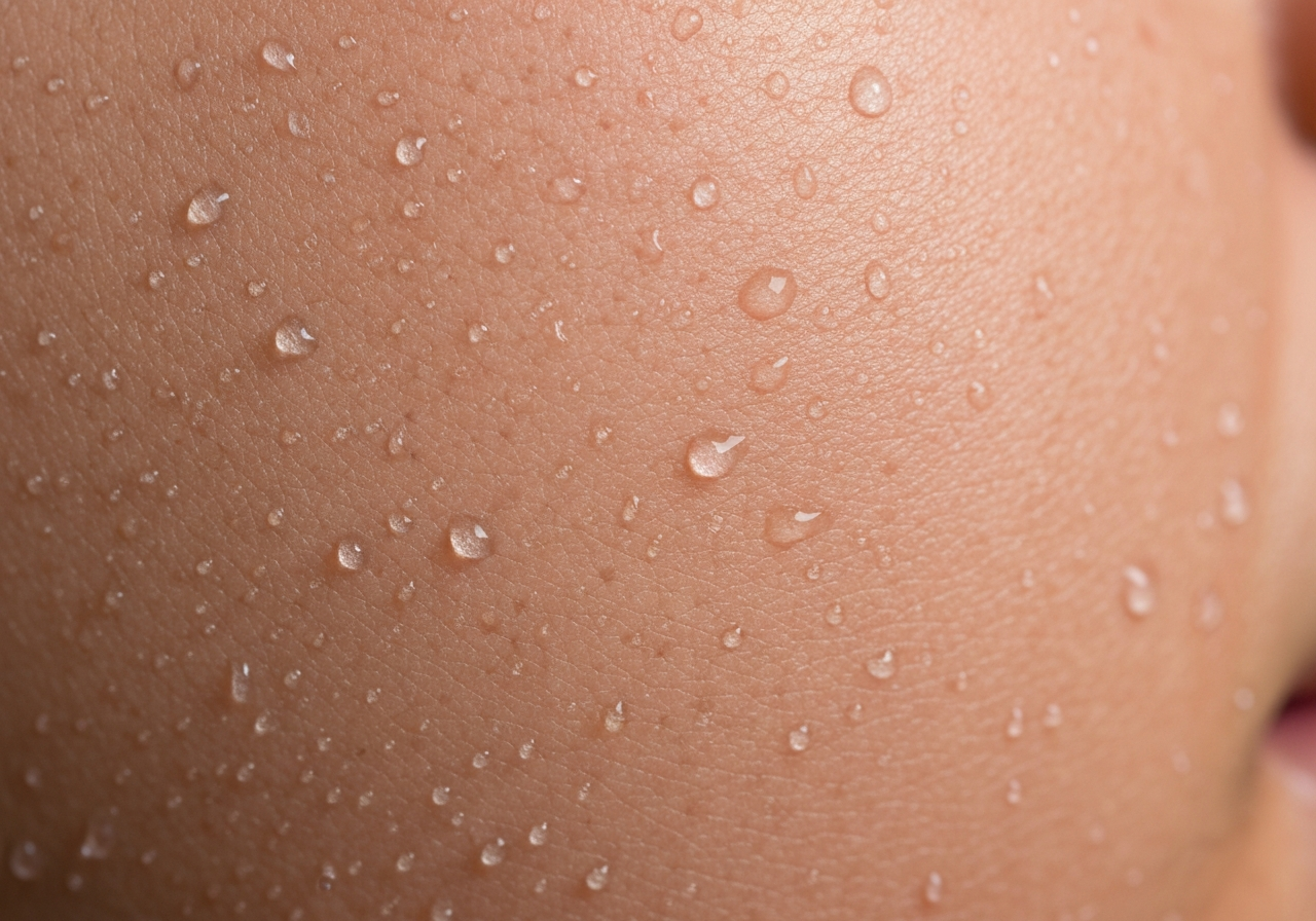 A macro photography shot of human skin experiencing goosebumps, cold water droplets visible on the surface, professional editorial lighting, high contrast, clean aesthetic, 85mm lens, no text, no words, no letters.