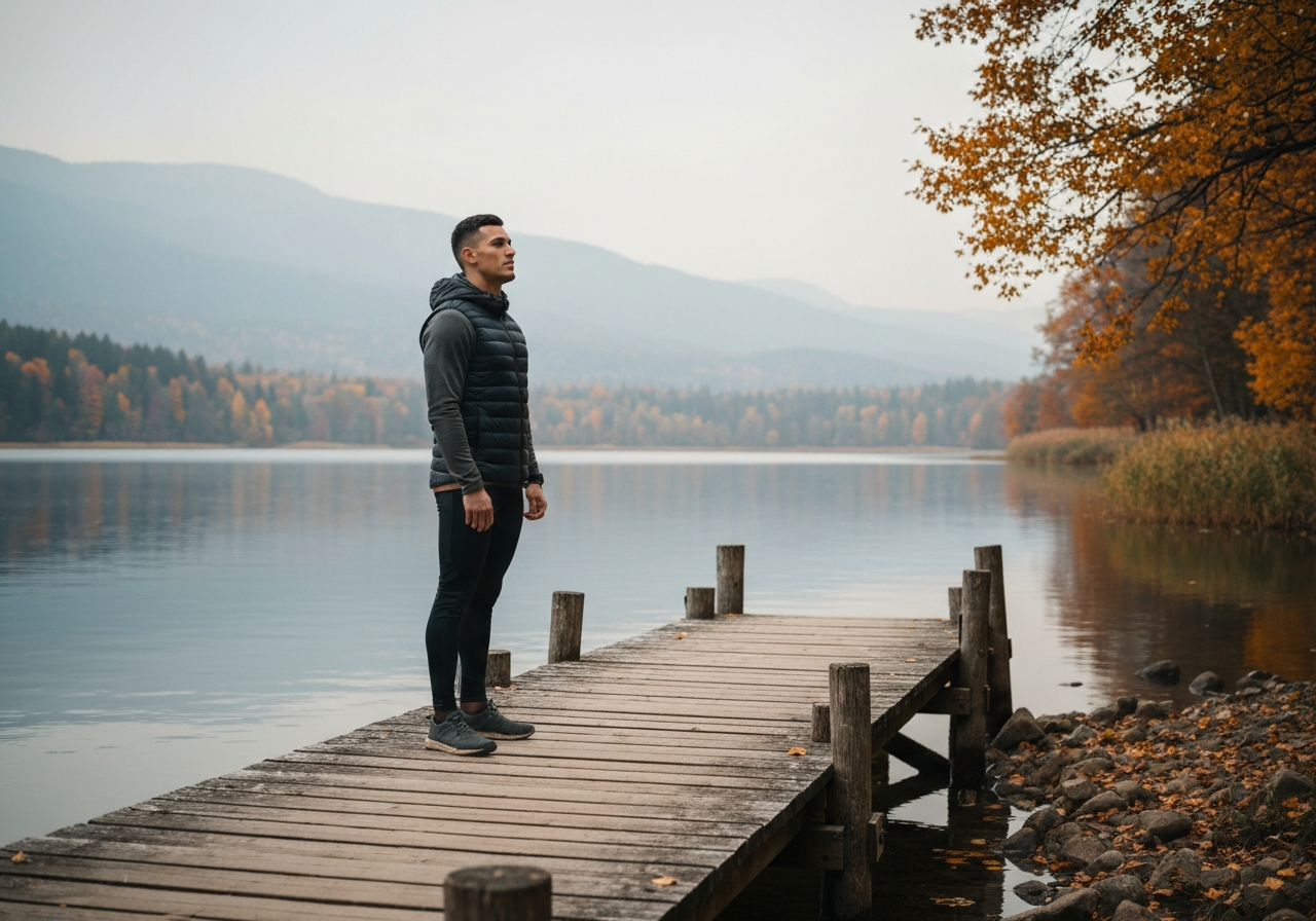A professional athlete standing calmly on a wooden pier next to a cold lake during autumn, focus on the contrast between the warmth of the surroundings and the crisp air, cinematic lighting, editorial photography, 85mm lens, high quality, no text, no letters
