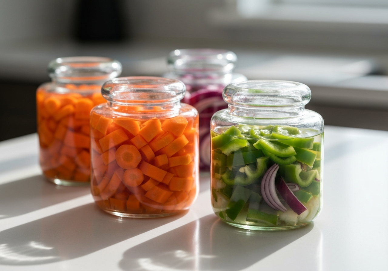 Kvašení zeleniny: Kompletní průvodce 2026 (Expert radí) 3 Close-up of glass fermentation jars with glass weights submerging colorful chopped vegetables in brine, modern clean kitchen countertop, soft natural light, editorial photography style, 85mm lens, high detail, no text, no words, no letters