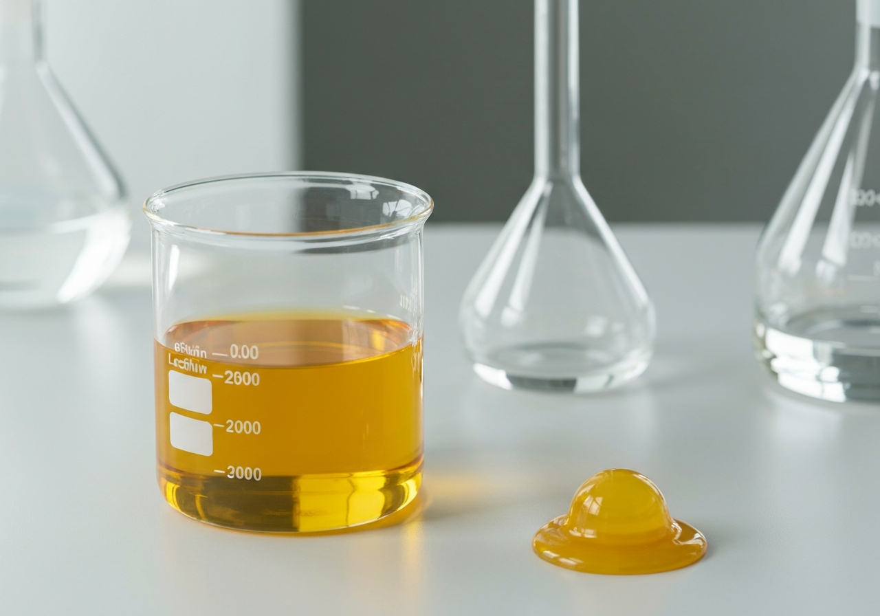 Sójový lecitin: Je skutečně bezpečný? (Pravda) 3 A professional laboratory setting with a glass beaker containing golden liquid lecithin, soft natural light, minimalist clean aesthetic, shallow depth of field, 85mm lens, high resolution, no text, no letters
