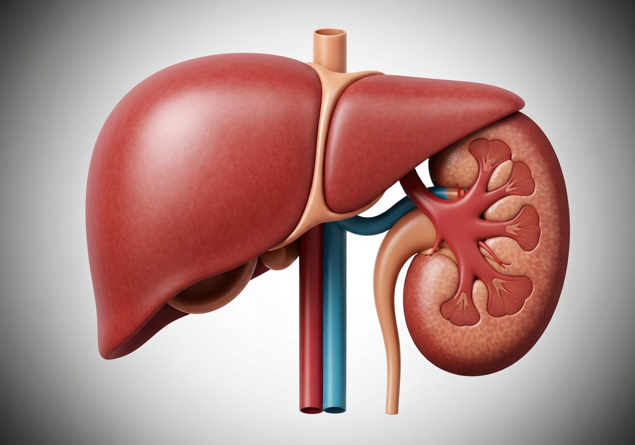 Detailed anatomical illustration of a human liver and kidneys, scientific medical visualization, minimalist clean background, soft clinical lighting, 85mm lens, high resolution, no text, no letters