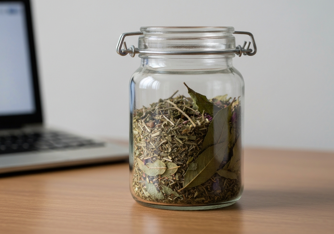 A professional laboratory glass jar filled with various herbal capsules and dried plant leaves, minimalist wooden desk background, clean aesthetic, soft clinical lighting, 85mm lens, depth of field, no text, no words, no letters.