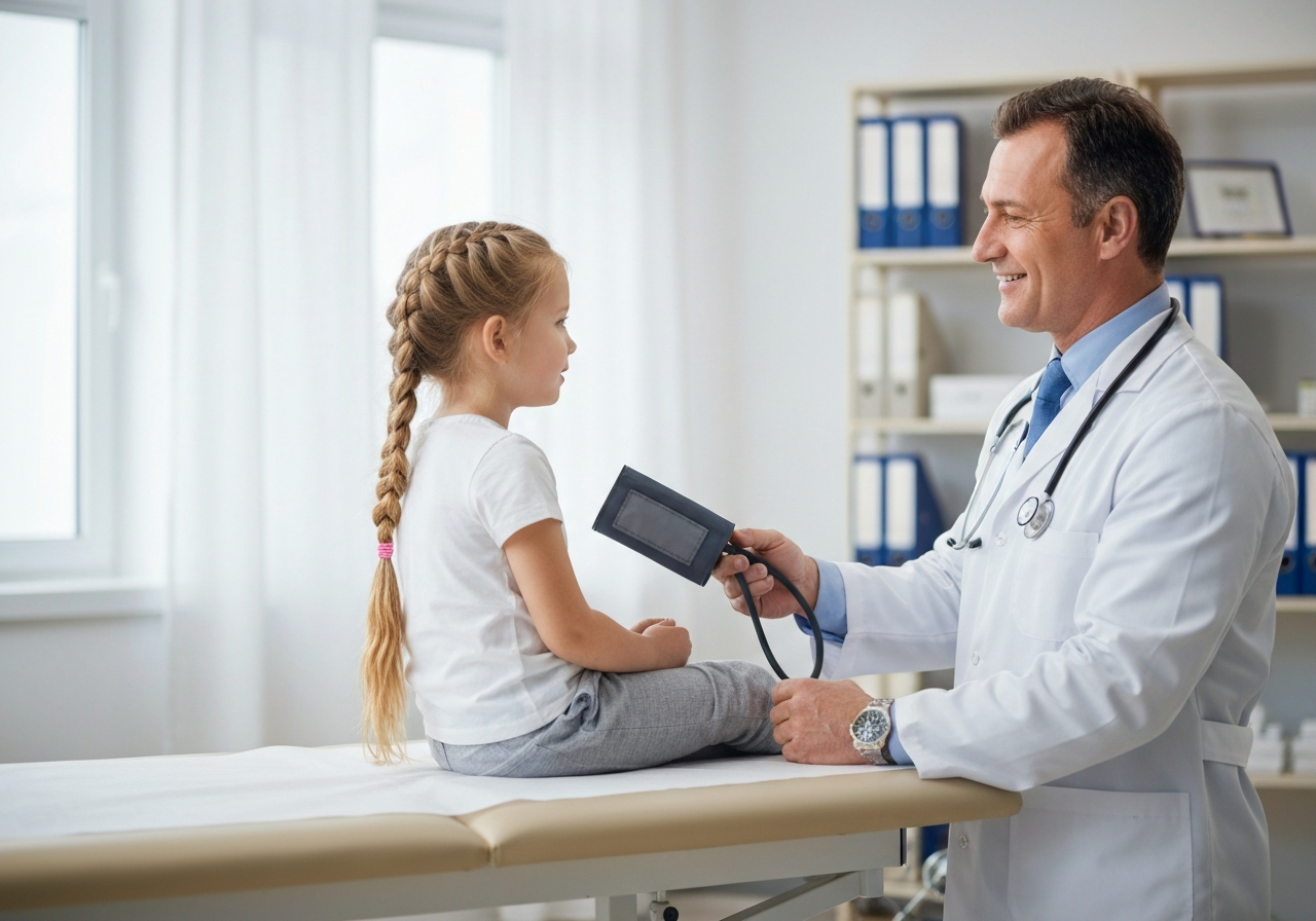 Tabulka tlaku u dětí: Je v normě? (Co znamenají čísla) 2 A professional pediatric check-up scene, a young child sitting calmly on a modern exam table while a doctor holds a blood pressure cuff, sterile bright clinical office environment, editorial photography, soft natural light, 85mm lens, depth of field, no text, no words, no letters