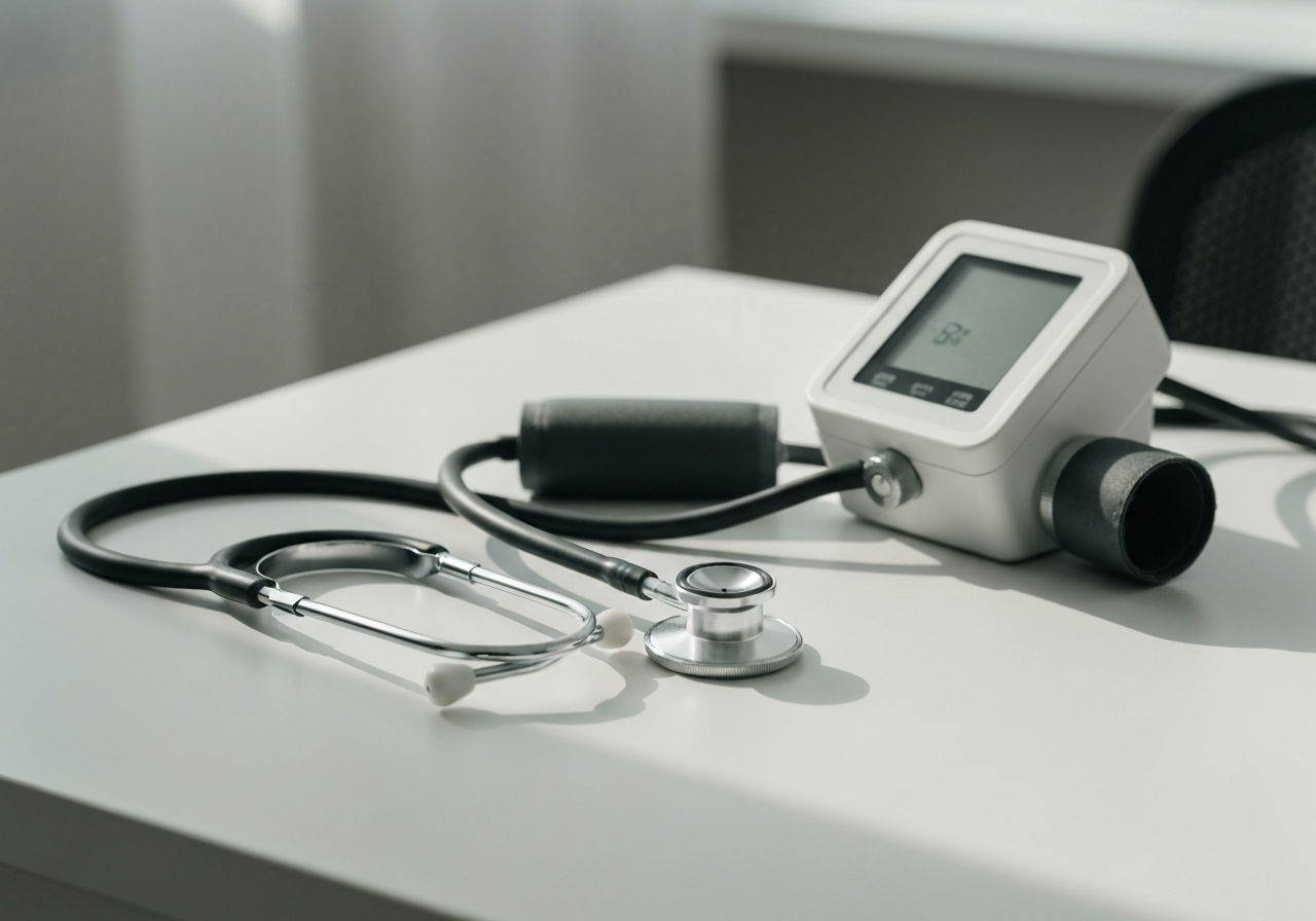 Tabulka tlaku u dětí: Je v normě? (Co znamenají čísla) 3 A professional clinical setting with a stethoscope resting next to modern blood pressure measurement equipment on a clean white desk, soft natural light, shallow depth of field, 85mm lens, high-end medical editorial style, no text, no letters.