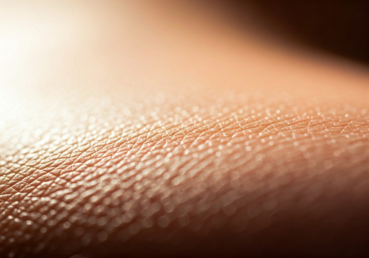 A macro shot of human skin texture under bright natural daylight, highlighting the delicate pores and surface structure, clean editorial aesthetic, 85mm lens, soft focus background, no text, no words, no letters