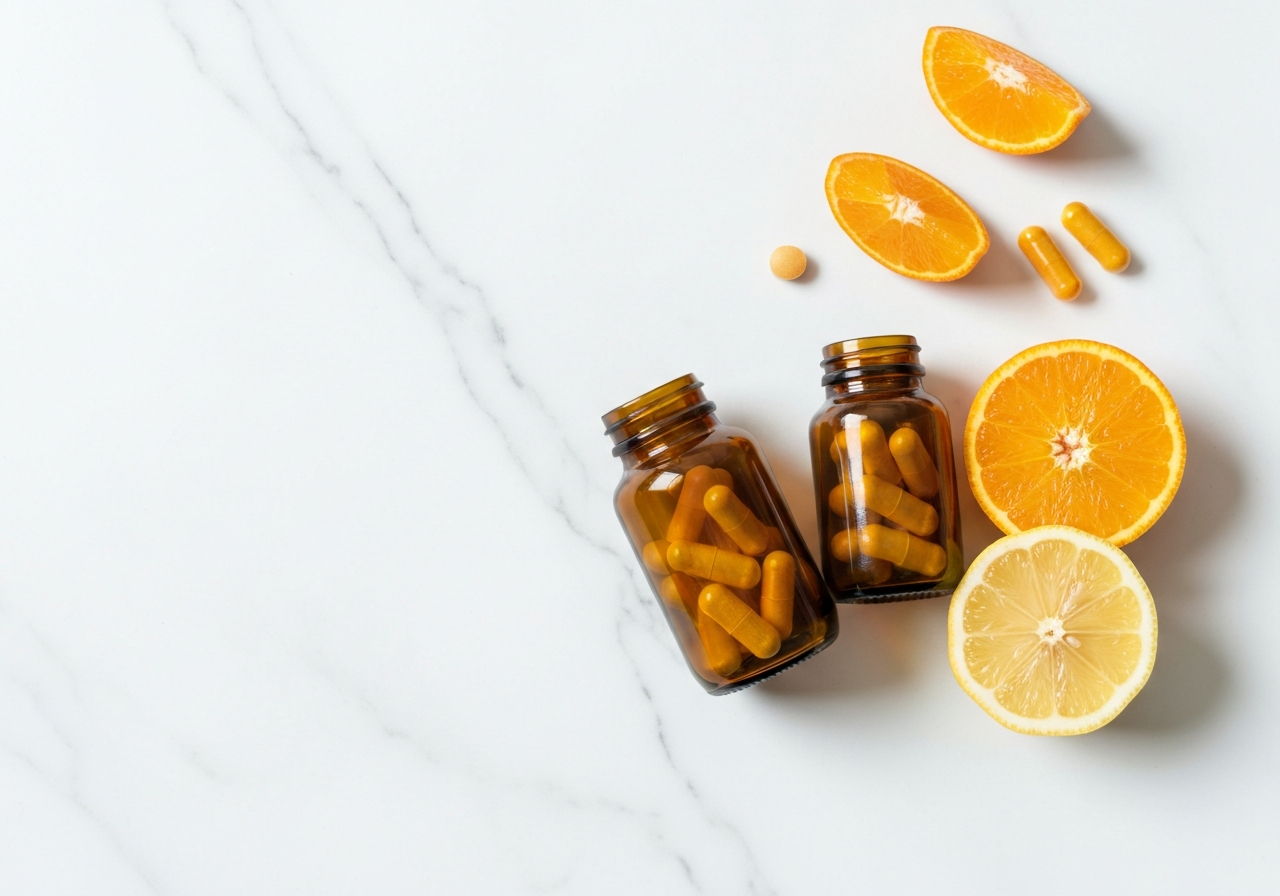 A minimalist flat lay of high-quality vitamin C supplements in glass amber bottles next to fresh citrus fruits on a clean marble surface, editorial photography, soft natural lighting, 85mm lens, high resolution, no text, no letters