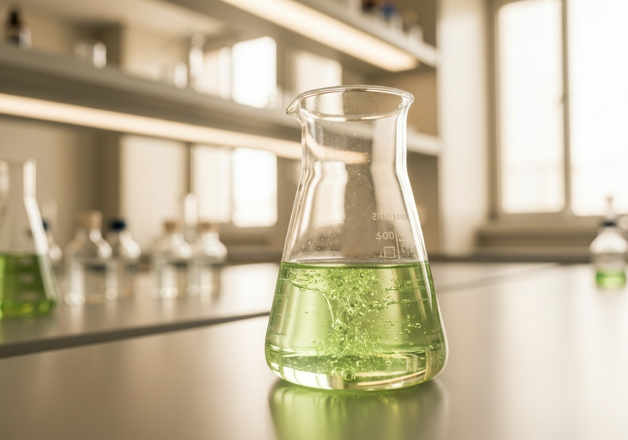 DMSO: Zázračný lék, nebo mýtus? (Pravda 2026) 2 A scientific laboratory setting featuring a glass beaker with a clear, viscous liquid, soft natural laboratory lighting, modern and clean aesthetic, editorial style photography, 85mm lens, sharp focus on liquid texture, no text, no words, no letters.