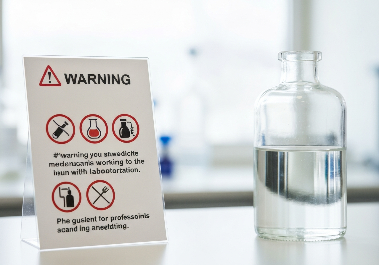 DMSO: Zázračný lék, nebo mýtus? (Pravda 2026) 3 A professional medical warning sign next to a sterile glass bottle with a clear liquid, clinical setting, modern clean laboratory background, soft natural light, macro photography, 85mm lens, high resolution, no text, no words, no letters.