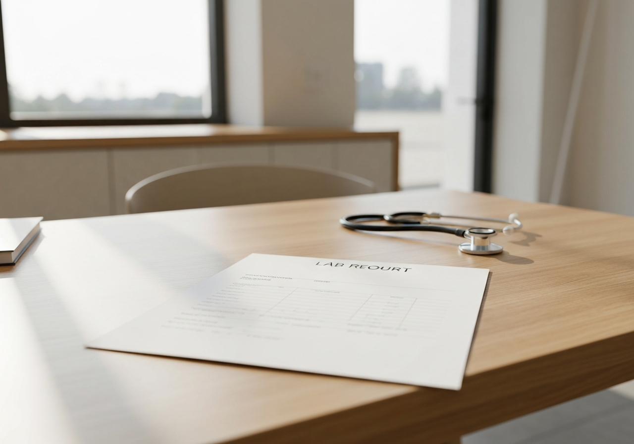 A professional medical lab report on a clean wooden table with a stethoscope, minimalist modern clinic background, soft natural sunlight, 85mm lens, high quality, no text, no letters