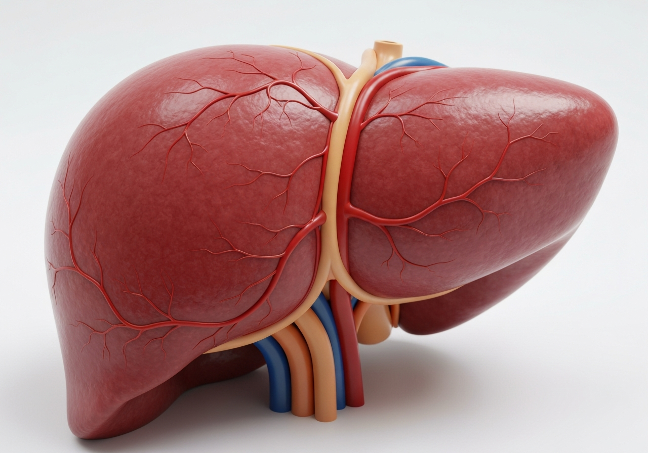 Macro close-up of healthy human liver anatomy illustration on a clean laboratory background, professional medical style, soft natural light, depth of field, 85mm lens, highly detailed, no text, no words, no letters