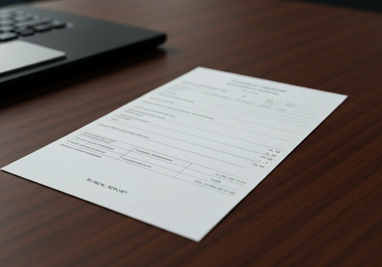 Close-up of a clinical blood test report on a wooden desk, professional medical setting, soft natural light, macro lens, editorial photography, highly detailed, no text, no words, no letters