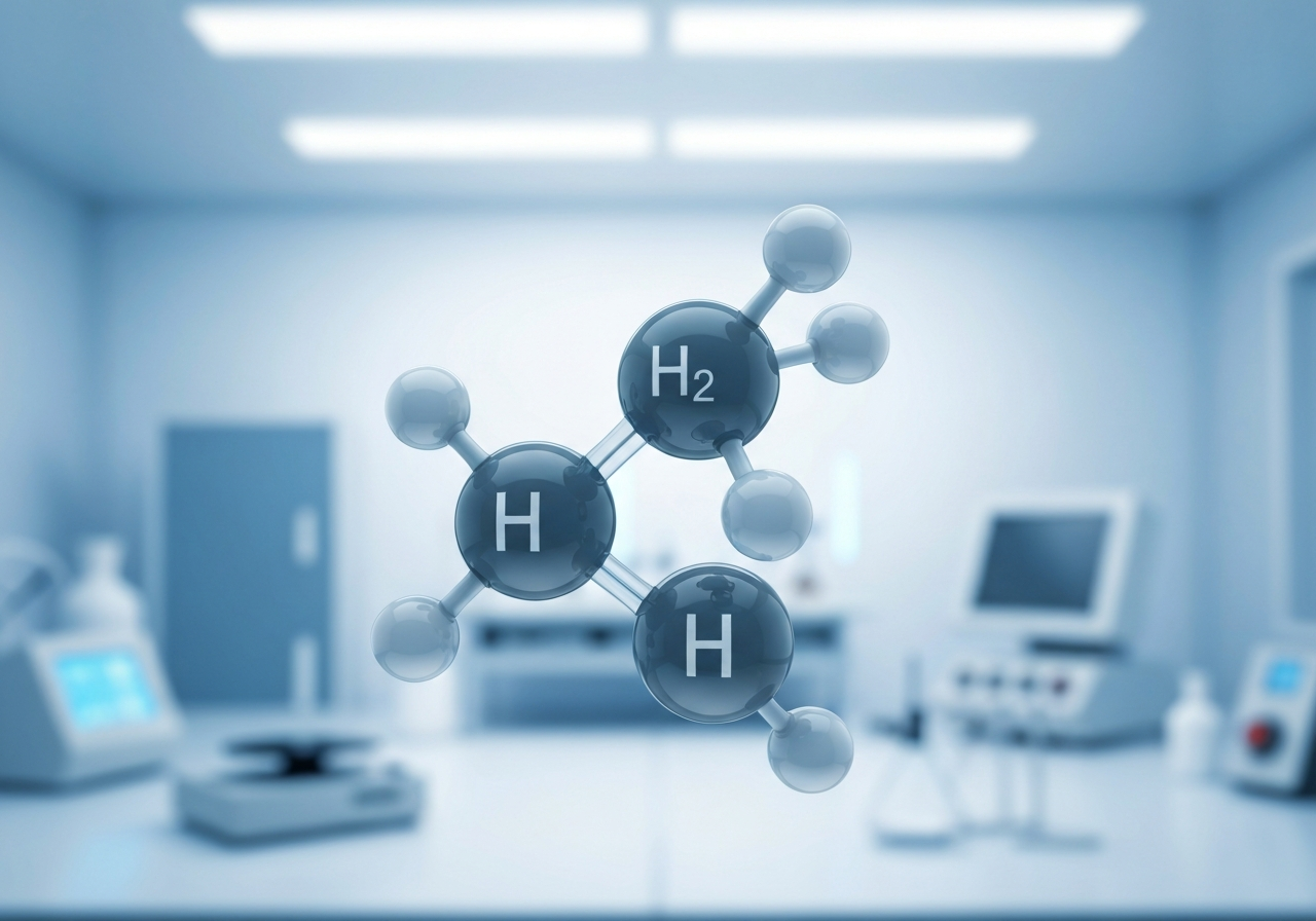 Vodík: Zázrak, nebo mýtus? Pravda o detoxu (2026) 2 A macro conceptual shot of H2 molecular structure floating in a clean, clinical laboratory environment, soft blue ambient light, elegant depth of field, 85mm lens, high resolution, no text, no words, no letters.