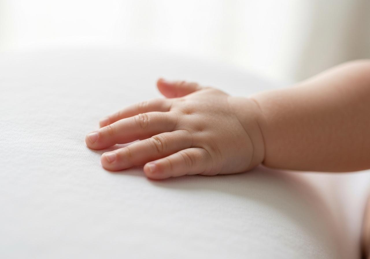 Podrážděná dětská kůže: 5 rychlých tipů (Krok za krokem) 2 Macro photography of an infant's soft hand touching a clean cotton fabric, focus on the delicate texture of the skin, soft natural light, minimalist and sterile background, premium aesthetic, 85mm lens, no text, no letters