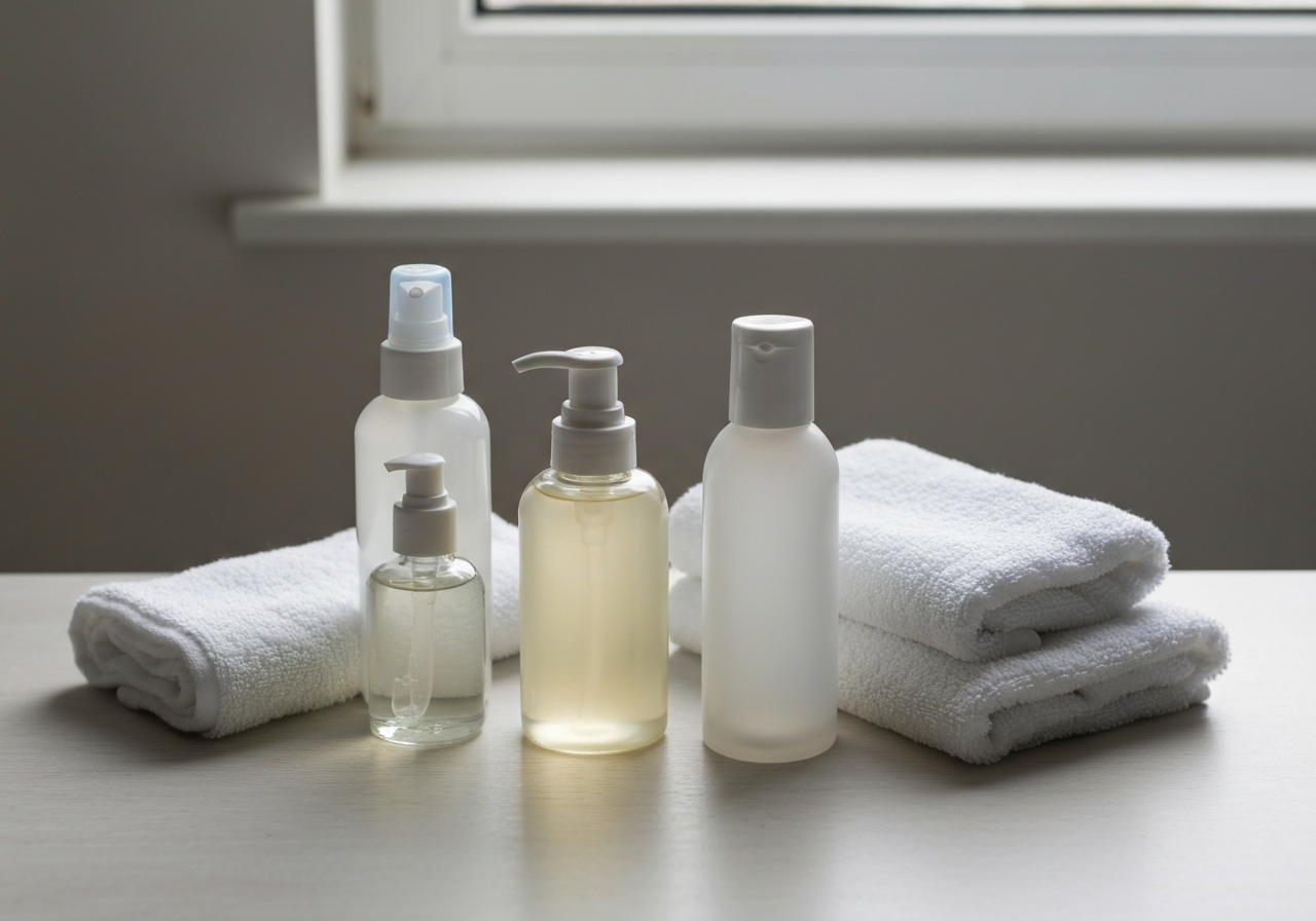 Podrážděná dětská kůže: 5 rychlých tipů (Krok za krokem) 3 A professional, minimalist arrangement of high-quality, fragrance-free baby skincare bottles and soft organic cotton towels on a clean wooden surface, editorial photography, soft natural light, 85mm lens, highly detailed, no text, no words, no letters
