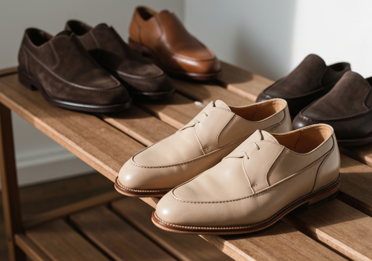 Bakterie na nohou: 5 kroků, jak se jich zbavit (Rychle) 3 Close-up of high-quality leather shoes arranged on a wooden rack, soft natural light, minimalist aesthetic, editorial photography, 85mm lens, high resolution, no text, no letters
