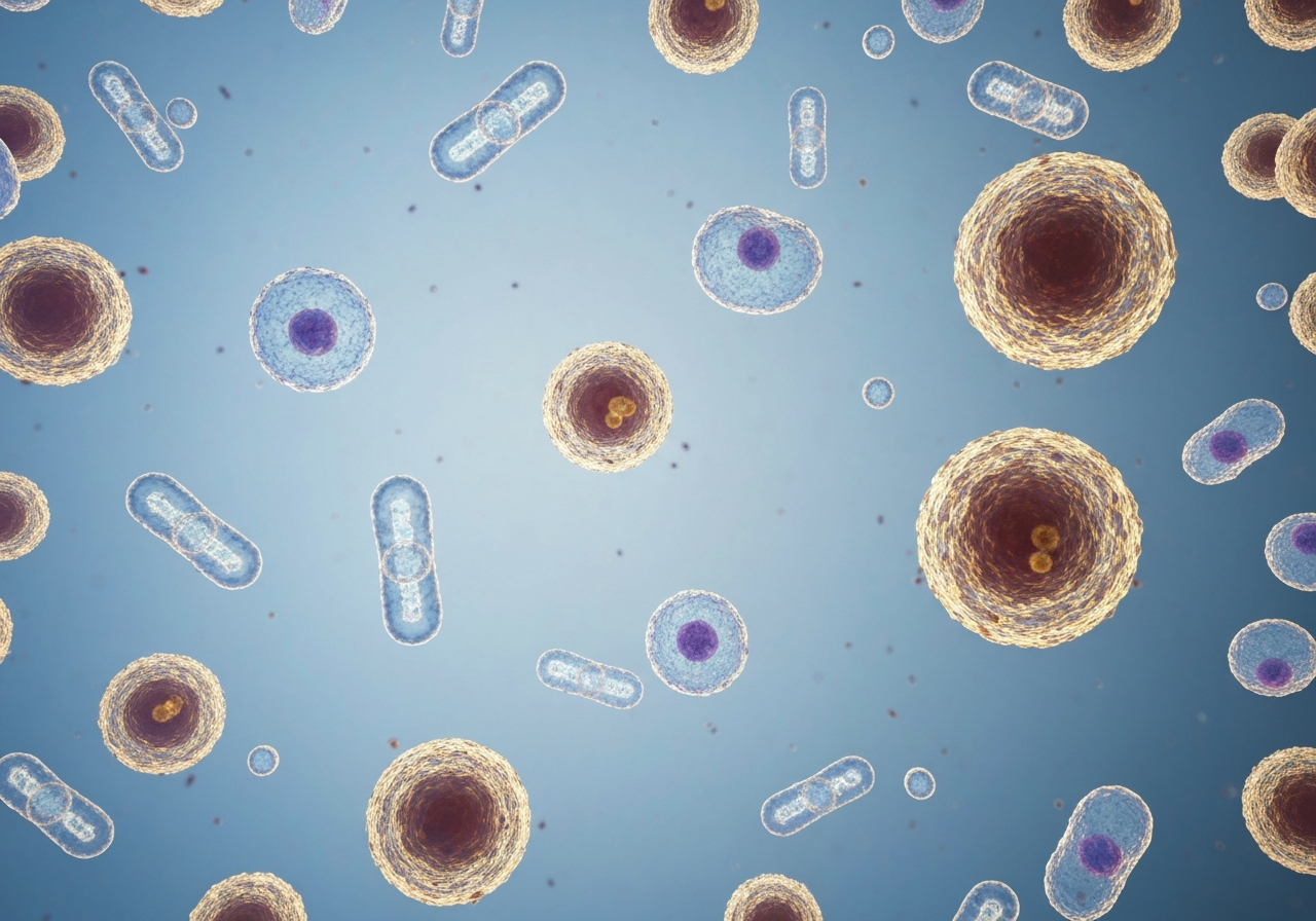 A microscopic view of human immune cells, T-cells and antibodies circulating in a clear fluid, clinical and modern, high-end editorial science photography, soft blue and golden lighting, sharp focus on molecular structures, 85mm lens, no text, no words, no letters.