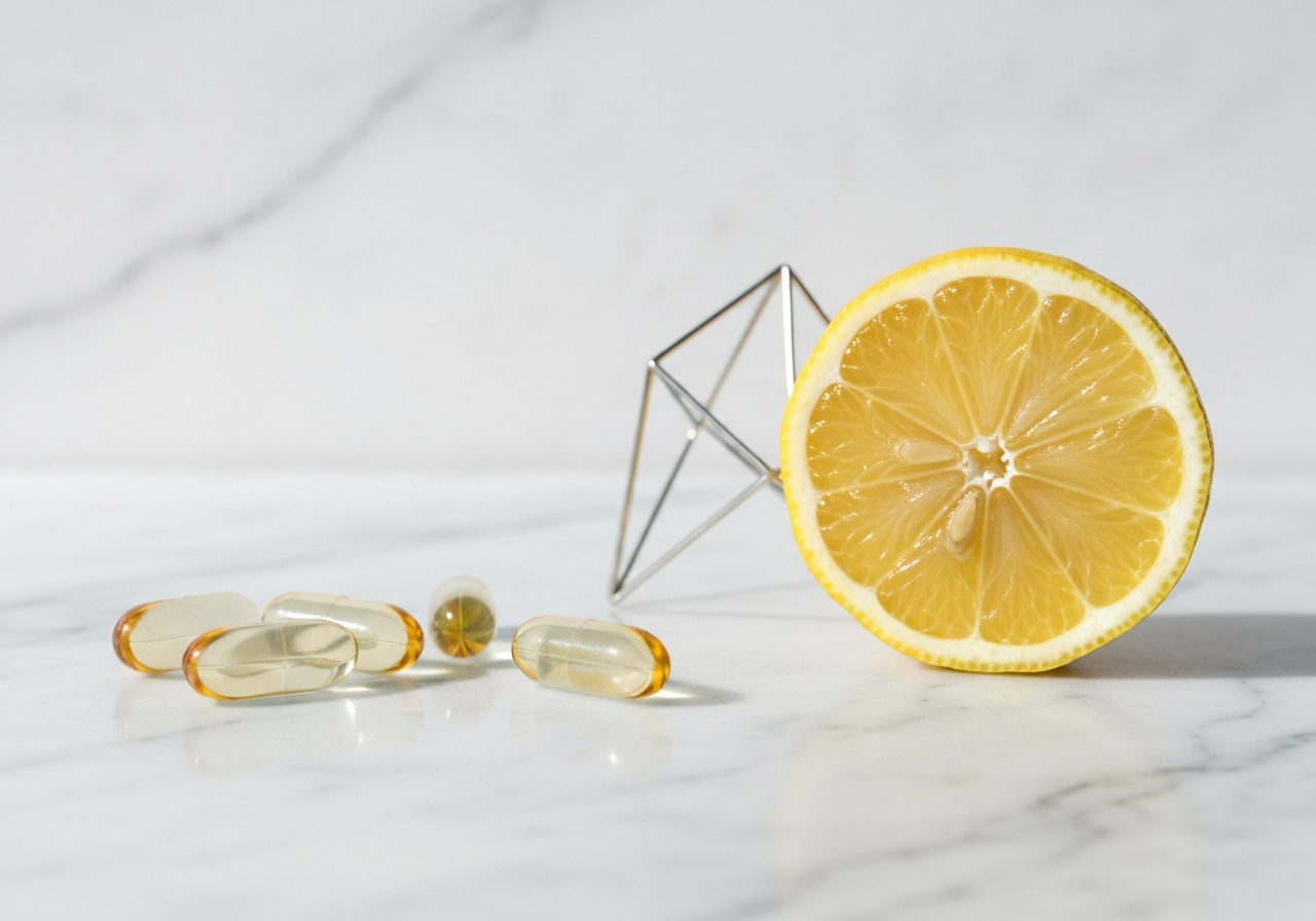 A minimalist still life featuring clear glass capsules of vitamins, a sliced fresh lemon, and a subtle metallic structure representing zinc, arranged on a marble surface, editorial photography, modern, premium, soft natural light, 85mm lens, sharp focus, no text, no letters
