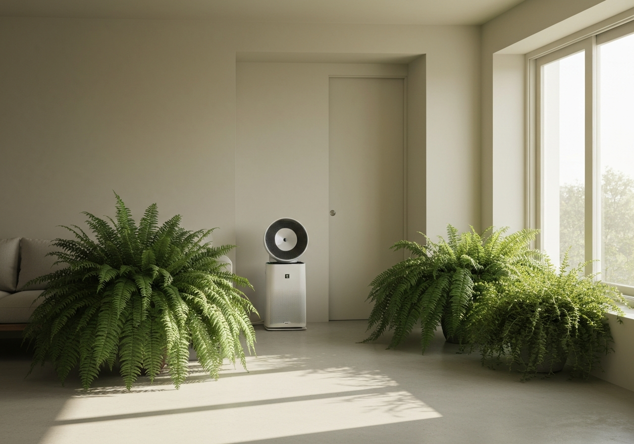 A clean, modern living room with large houseplants and an air purifier, minimalist interior design, soft natural light streaming through a window, 85mm lens, high resolution, peaceful atmosphere, no text, no words, no letters
